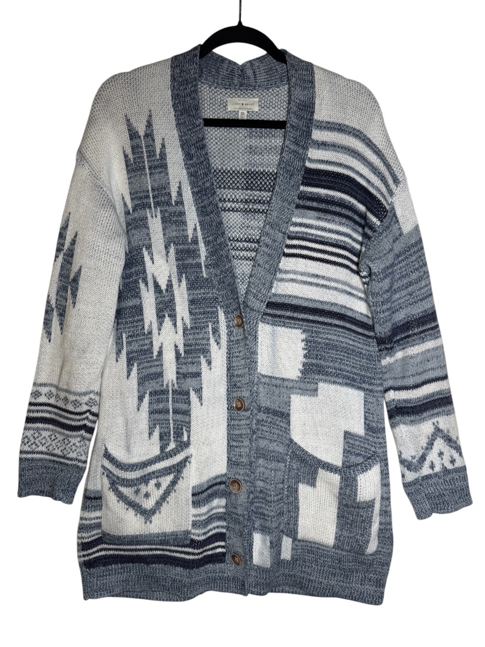 Lucky Brand Tribal Cardigan Blue and White Southwestern Knit Size M/L Buttons